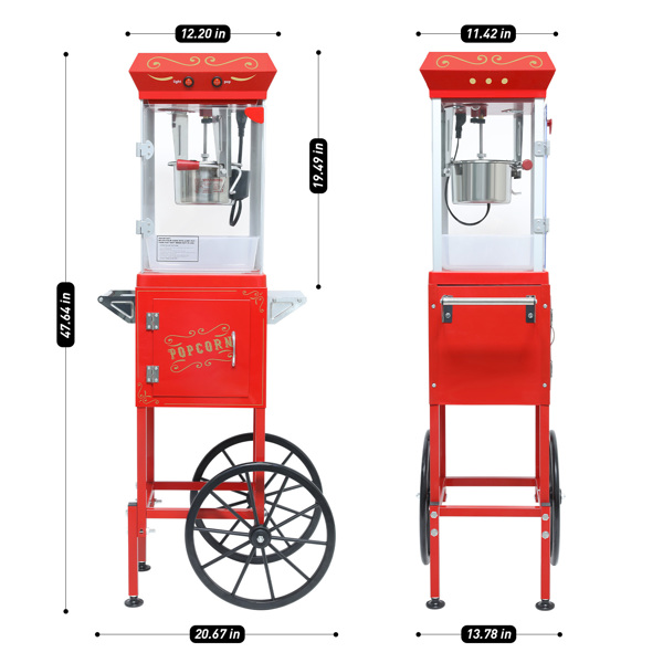 带推车的爆米花机，带轮子和 6 盎司锅爆米花机不锈钢油勺，带储物柜的移动推车，适用于商业家庭影院复古风格（红色）-7