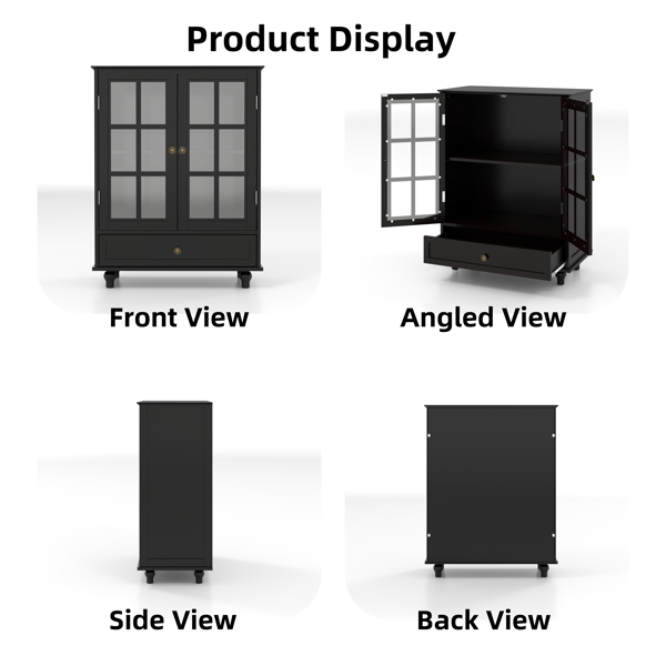 简约黑色餐柜，带双玻璃门和抽屉，现代木质储物餐柜，适用于客厅、餐厅走廊入口（黑色）-4