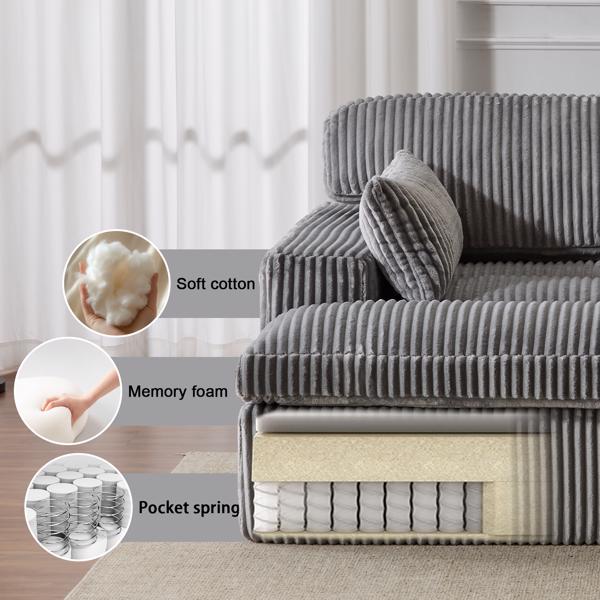 室内双人躺椅、超大软垫睡云沙发、深座豪华沙发床、分段沙发椅、客厅用灯芯绒阅读椅、无需组装、灰色-6