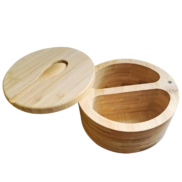 圆形竹制调料盒 双格带勺盐罐12*6cm-4