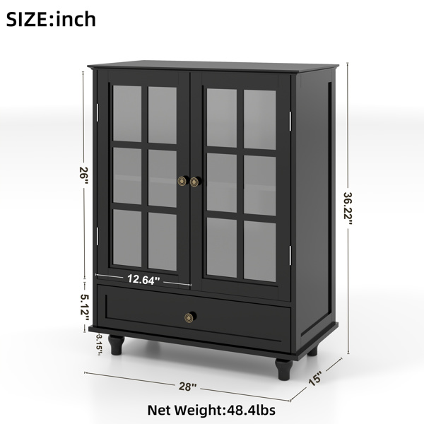 简约黑色餐柜，带双玻璃门和抽屉，现代木质储物餐柜，适用于客厅、餐厅走廊入口（黑色）-6
