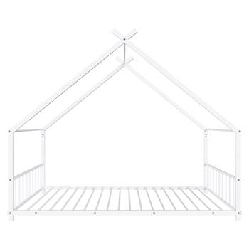 White Flat Bed House Shape with Side Guardrails Twin Children\\'s Iron Bed