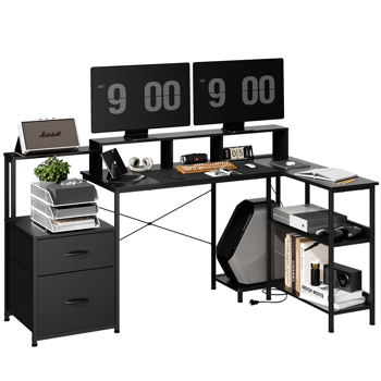  & <b style=\\'color:red\\'>LED</b> Lights, Storage Shelves and Monitor Stand Corner Desk BLACK