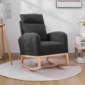 Modern Accent Rocking Chair Rocking Chair with Solid Wood Legs, Upholstered Nursery Glider Rocker, Comfy Armchair with Side Pocket, Living Room Lounge Arm Chair with High Backrest (Dark grey,teddy)