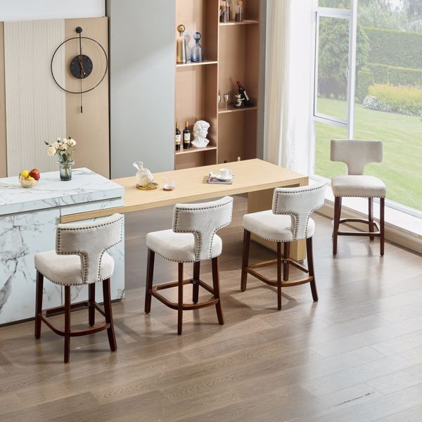 中世纪现代吧台高脚凳 2 件套，农舍亚麻布软垫装饰椅，弧形靠背，周围镶有铜钉，厨房椅子，硬木框架，米色-6