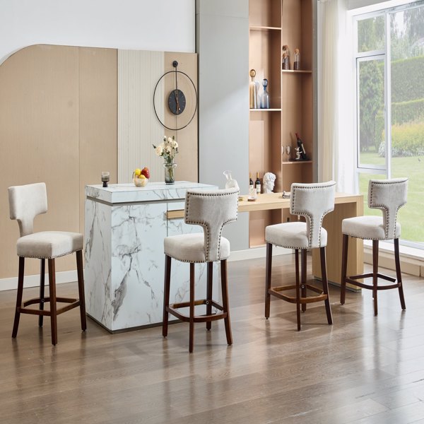 中世纪现代吧台高脚凳 2 件套，农舍亚麻布软垫装饰椅，弧形靠背，周围镶有铜钉，厨房椅子，硬木框架，米色-4