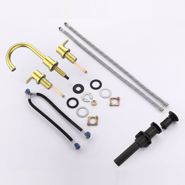 宽浴室洗手盆水龙头拉丝金2把手8英寸3孔360°旋转喷嘴洗手盆，带弹出式排水组件【周末不发货，TK/TEMU订单仅支持自提】-7