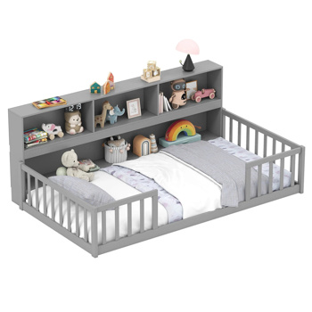 Versatile Floor Bed with Bookcase - Gray
