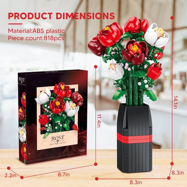 9朵玫瑰人造花DIY花束建筑套装玩具818个零件，带花瓶装饰，适合儿童女儿女朋友男朋友妈妈-生日礼物-6