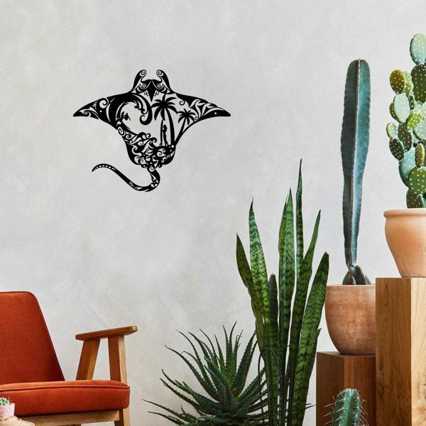 海洋金属蝠鲼射线墙艺术-海滩风格的点缀。冲浪板，波浪图案，海星和棕榈树剪影。非常适合居住区域（TikTok、temu下自提）-20