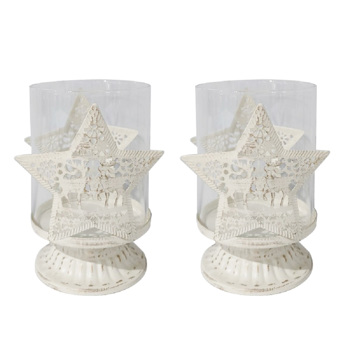 2er Set Vintage Kerzenleuchter Kerzenständer Kerzenhalter Windlichthalter aus Metall für Stumpenkerzen, Hurricane Kerzenständer Dekoration für Party Weihnachten Tisch Mantel Kamin, Weiß