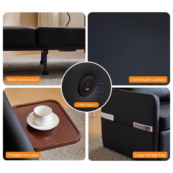 成人卧铺椅床、三合一可转换沙发椅床、拉出式沙发床、带USB和Type-C充电端口的方便折叠托盘桌，适用于客厅，黑色，皮革-5