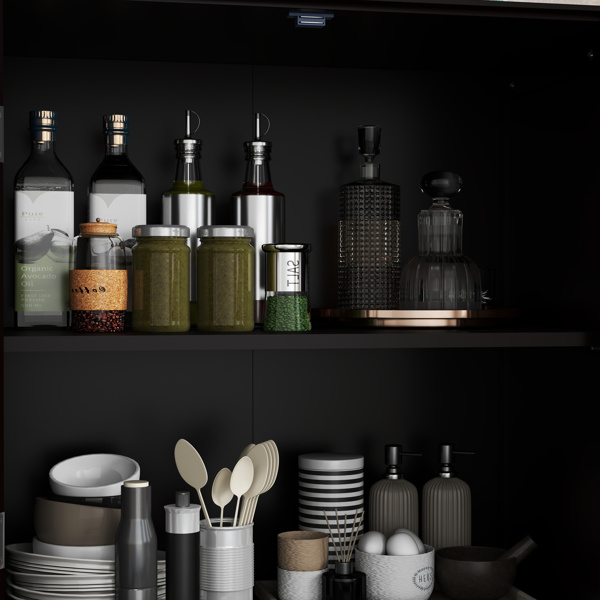 简约黑色餐柜，带双玻璃门和抽屉，现代木质储物餐柜，适用于客厅、餐厅走廊入口（黑色）-19