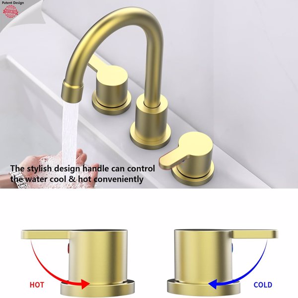 宽浴室洗手盆水龙头拉丝金2把手8英寸3孔360°旋转喷嘴洗手盆，带弹出式排水组件【周末不发货，TK/TEMU订单仅支持自提】-4