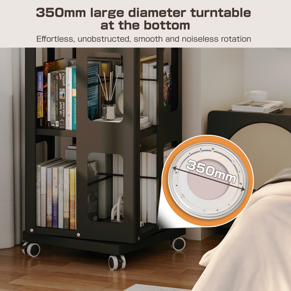 4 层全钢旋转书架，带 360° 轮子，大尺寸坚固宽敞书架，新款黑色书架，易于组装-3