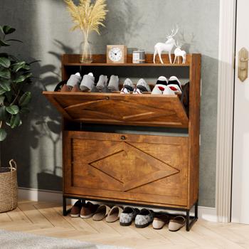 Shoe Storage Cabinet with 2 Flip Drawers for Entryway, Farmhouse Hidden Shoe Cabinet for Entrance Hallway