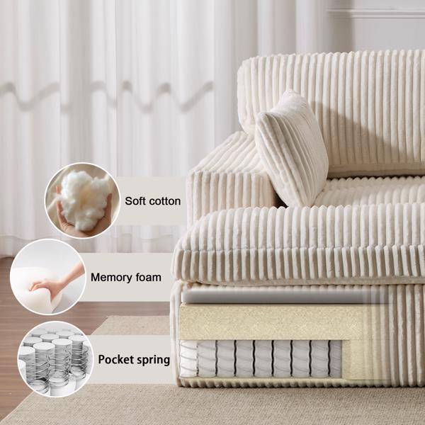 室内双人躺椅、超大软垫睡云沙发、深座豪华沙发床、分段沙发椅、客厅用灯芯绒阅读椅、无需组装、白色-6