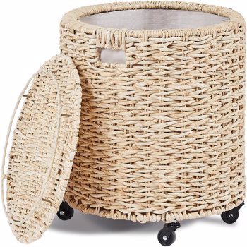 （原SKU:92132709）Vintage Storage Basket, Multipurpose Rolling Hamper With Brakable Wheels and Lid, Braid Laundry Bin, Handwave Clothes Toy Organizer Tote for Living Room（Temu仅自提）