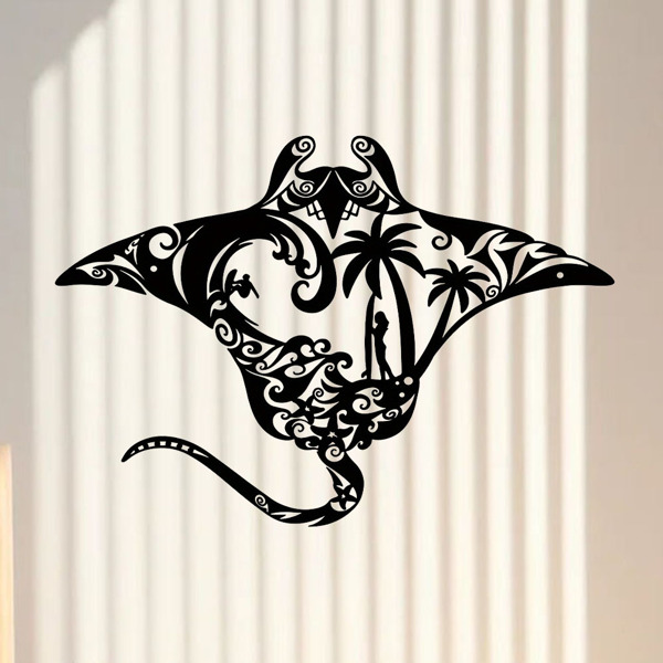 海洋金属蝠鲼射线墙艺术-海滩风格的点缀。冲浪板，波浪图案，海星和棕榈树剪影。非常适合居住区域（TikTok、temu下自提）-5