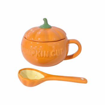 Kürbis-Kaffeetasse aus Porzellan mit Deckel und Löffel, große Ramen-Suppenschüssel aus Keramik, Frühstücks-Milch-Haferflocken-Schüssel für Frühstück, Obstdessert, Eis, Reis(Size:10x9cm)