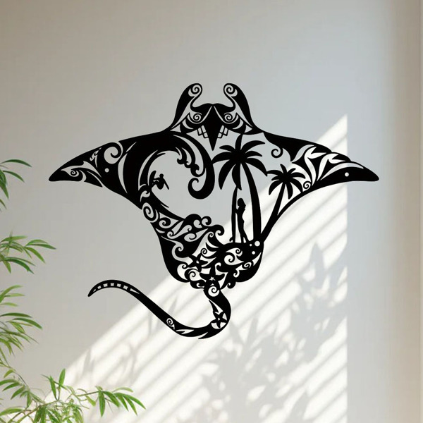 海洋金属蝠鲼射线墙艺术-海滩风格的点缀。冲浪板，波浪图案，海星和棕榈树剪影。非常适合居住区域（TikTok、temu下自提）-4