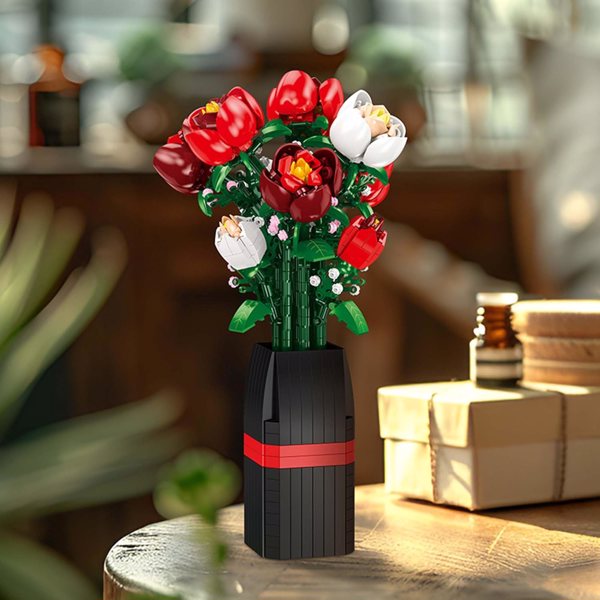 9朵玫瑰人造花DIY花束建筑套装玩具818个零件，带花瓶装饰，适合儿童女儿女朋友男朋友妈妈-生日礼物-2