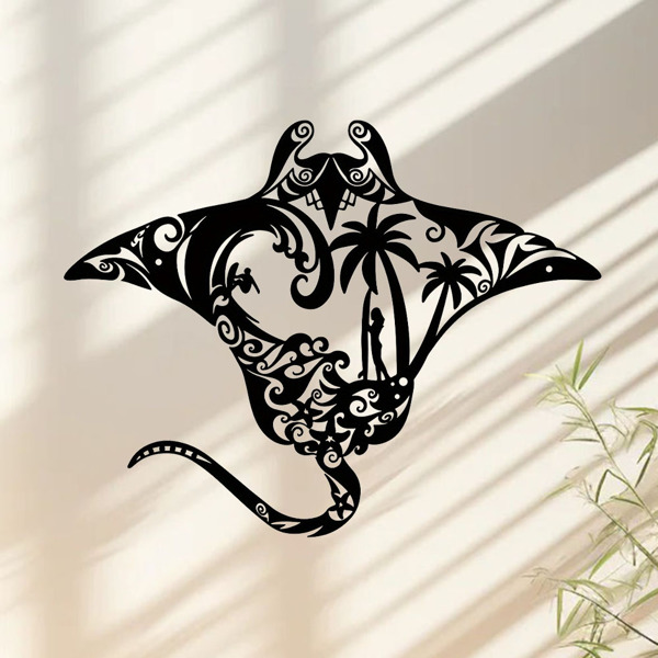 海洋金属蝠鲼射线墙艺术-海滩风格的点缀。冲浪板，波浪图案，海星和棕榈树剪影。非常适合居住区域（TikTok、temu下自提）-2