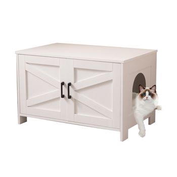 猫砂盆围栏，隐藏式猫砂盆家具（带谷仓门），木制猫盥洗室家具，猫屋，茶几，适合大多数猫砂盆，白色