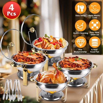4 Pack Round Chafing Dish Buffet Set,Stainless Steel 4.76QT Round Buffet Servers and Warmers, Thick Stand Frame Catering Chafe with Mirror Covers,Food Warmer for Party, Weddings,Picnic