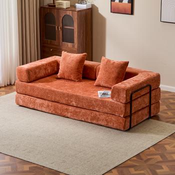 Floor Couch,Compression Sofa,Convertible Floor Sofa Bed-with Pillow Back Support Armrest,Comfy Futon Couch Lounge Sleeper Bed,chenille fabric,for Living Room Bedroom (orange)