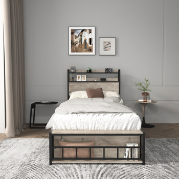 Twin Bed Frames , Headboard and Charging Station & LED Light for Bedroom, Solid and Stable, Noise Free, No Box Spring Needed, Easy Assembly