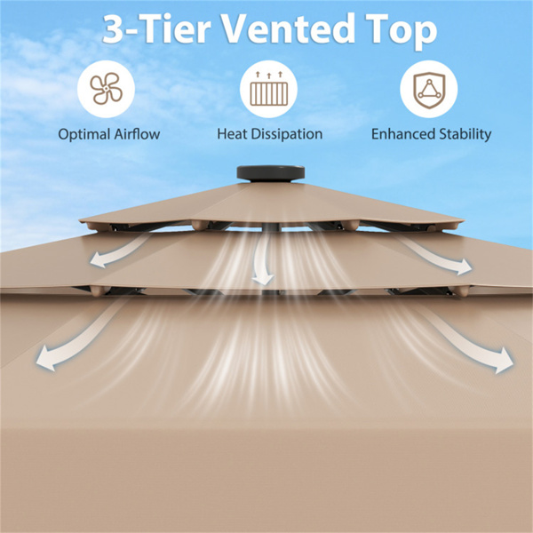 10英尺褐色露台伞，带太阳能LED灯和多层通风屋顶 -7