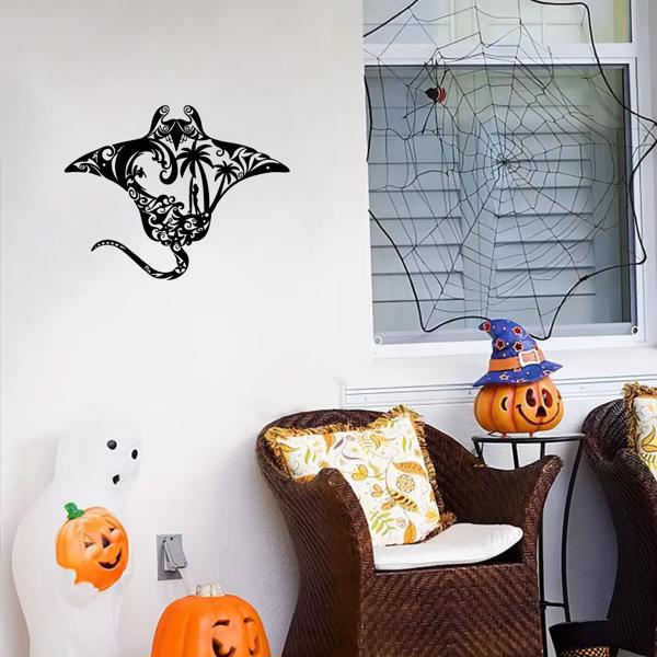 海洋金属蝠鲼射线墙艺术-海滩风格的点缀。冲浪板，波浪图案，海星和棕榈树剪影。非常适合居住区域（TikTok、temu下自提）-18