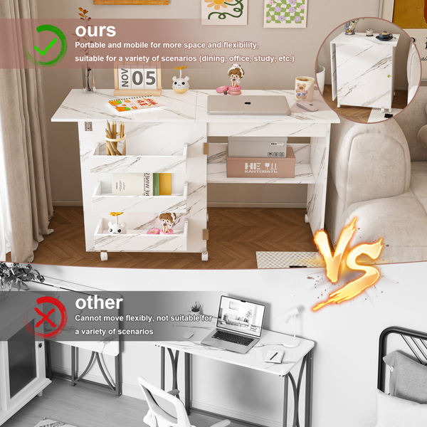 四合一折叠缝纫桌，带可锁定轮子 - 多功能工艺台、边桌、电脑桌和厨房储物架，白色滚动缝纫机桌，适合公寓使用-14