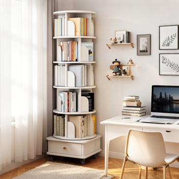 6 Tier Rotating Bookshelf, 360° Display Round Spinning Bookshelf with Wheels and Drawer, Space-Saving, Small Space Rotating Bookshelf Tower for Bedroom, Living Room, Home, Office, Warm White