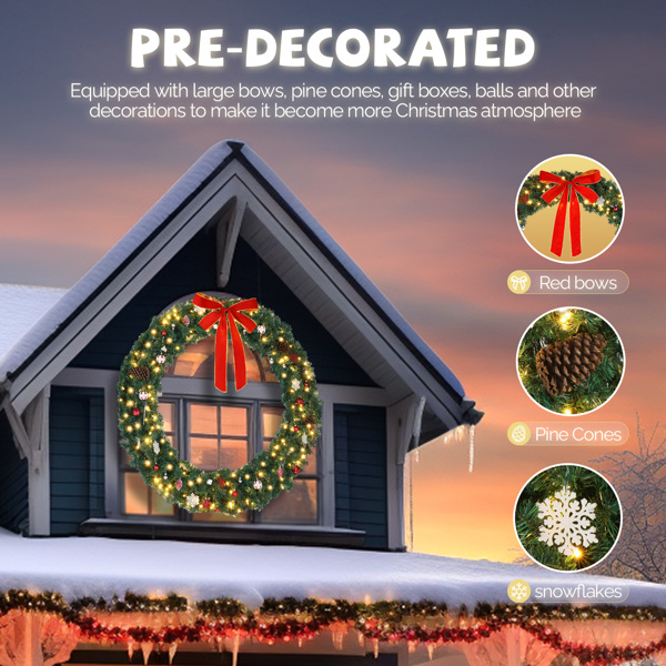 60in 绿色 蝴蝶结装饰花环 PVC 220灯 600枝头 圣诞PVC花环 美规-5