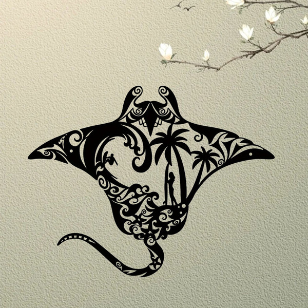 海洋金属蝠鲼射线墙艺术-海滩风格的点缀。冲浪板，波浪图案，海星和棕榈树剪影。非常适合居住区域（TikTok、temu下自提）-8