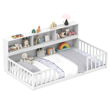 Versatile Floor Bed with Bookcase - White