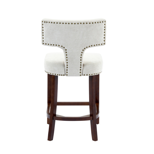 中世纪现代吧台高脚凳 2 件套，农舍亚麻布软垫装饰椅，弧形靠背，周围镶有铜钉，厨房椅子，硬木框架，米色-17