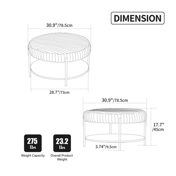 30.9 英寸宽软垫圆形脚凳咖啡桌脚凳，带黑色金属腿，带木质开放式储物架，人造毛皮脚凳，适用于客厅、卧室、入口酒店。棕色-15