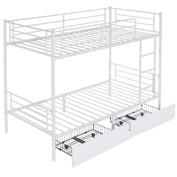 【Replace 71558202】Twin Over Twin Convertible Bunk Bed with 2 Storage Drawers, Metal Bunk Bed Can be Divided Into Two Daybeds, White