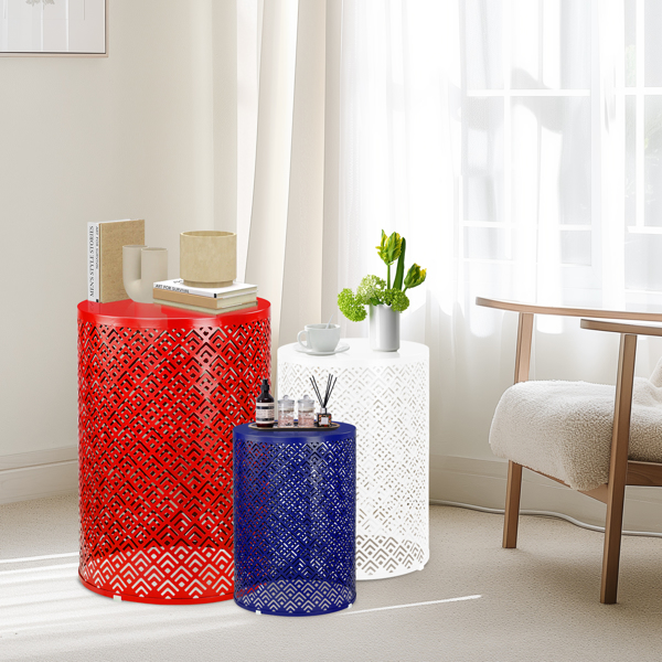 3pcs  回字花纹  桶形 蓝白红 15.7/13.7/11.8inch 庭院堆叠铁边桌-2