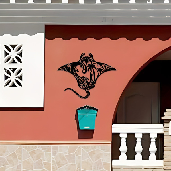 海洋金属蝠鲼射线墙艺术-海滩风格的点缀。冲浪板，波浪图案，海星和棕榈树剪影。非常适合居住区域（TikTok、temu下自提）-10