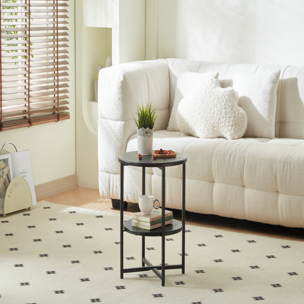 小圆边桌，2 层农舍边桌，小空间装饰桌，卧室客厅床头柜，带储物架的咖啡桌，黑色-4
