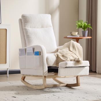 Modern Accent Rocking Chair Rocking Chair with Solid Wood Legs, Upholstered Nursery Glider Rocker, Comfy Armchair with Side Pocket, Living Room Lounge Arm Chair with High Backrest (White,teddy)