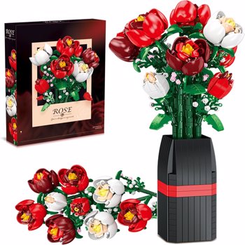 9朵玫瑰人造花DIY花束建筑套装818个零件，带花瓶装饰，适合儿童女儿女朋友男朋友妈妈-生日礼物
