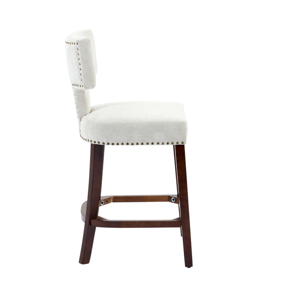 中世纪现代吧台高脚凳 2 件套，农舍亚麻布软垫装饰椅，弧形靠背，周围镶有铜钉，厨房椅子，硬木框架，米色-14