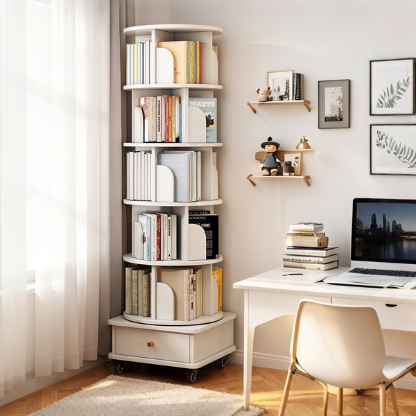 层旋转书架，360° 展示圆形旋转书架，带轮子和抽屉，节省空间，小空间旋转书架塔，适用于卧室、客厅、家庭、办公室，暖白色-1