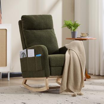 Modern Accent Rocking Chair Rocking Chair with Solid Wood Legs, Upholstered Nursery Glider Rocker, Comfy Armchair with Side Pocket, Living Room Lounge Arm Chair with High Backrest (Dark green,teddy)
