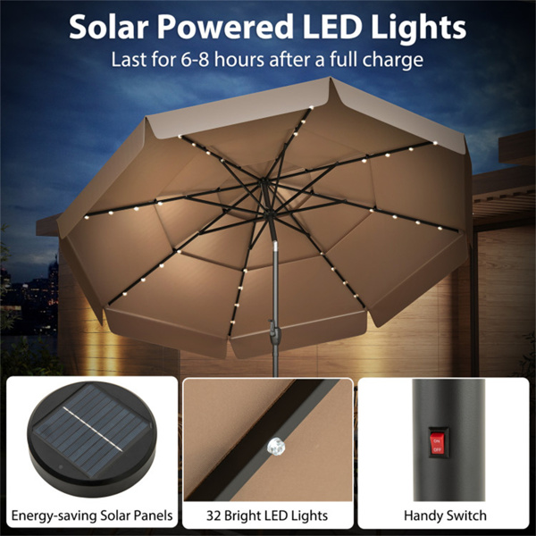 10英尺褐色露台伞，带太阳能LED灯和多层通风屋顶 -3